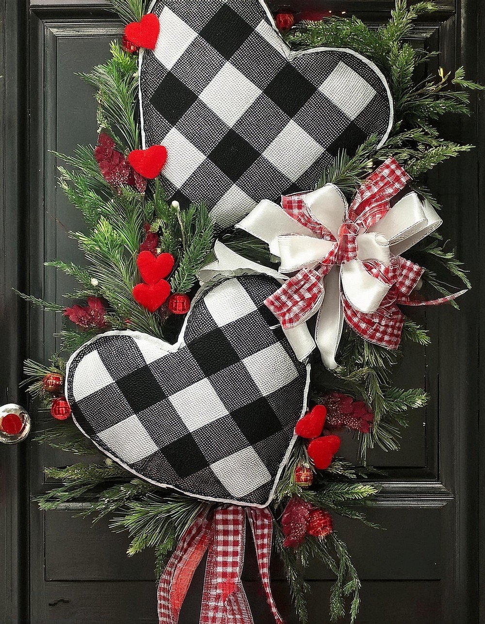 Elegant Double Black Buffalo Check Heart Swag Wreath