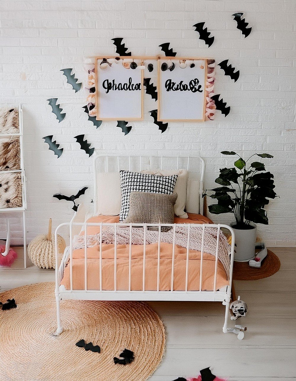 Enchanting Ambience with Bat Decals and Pumpkins