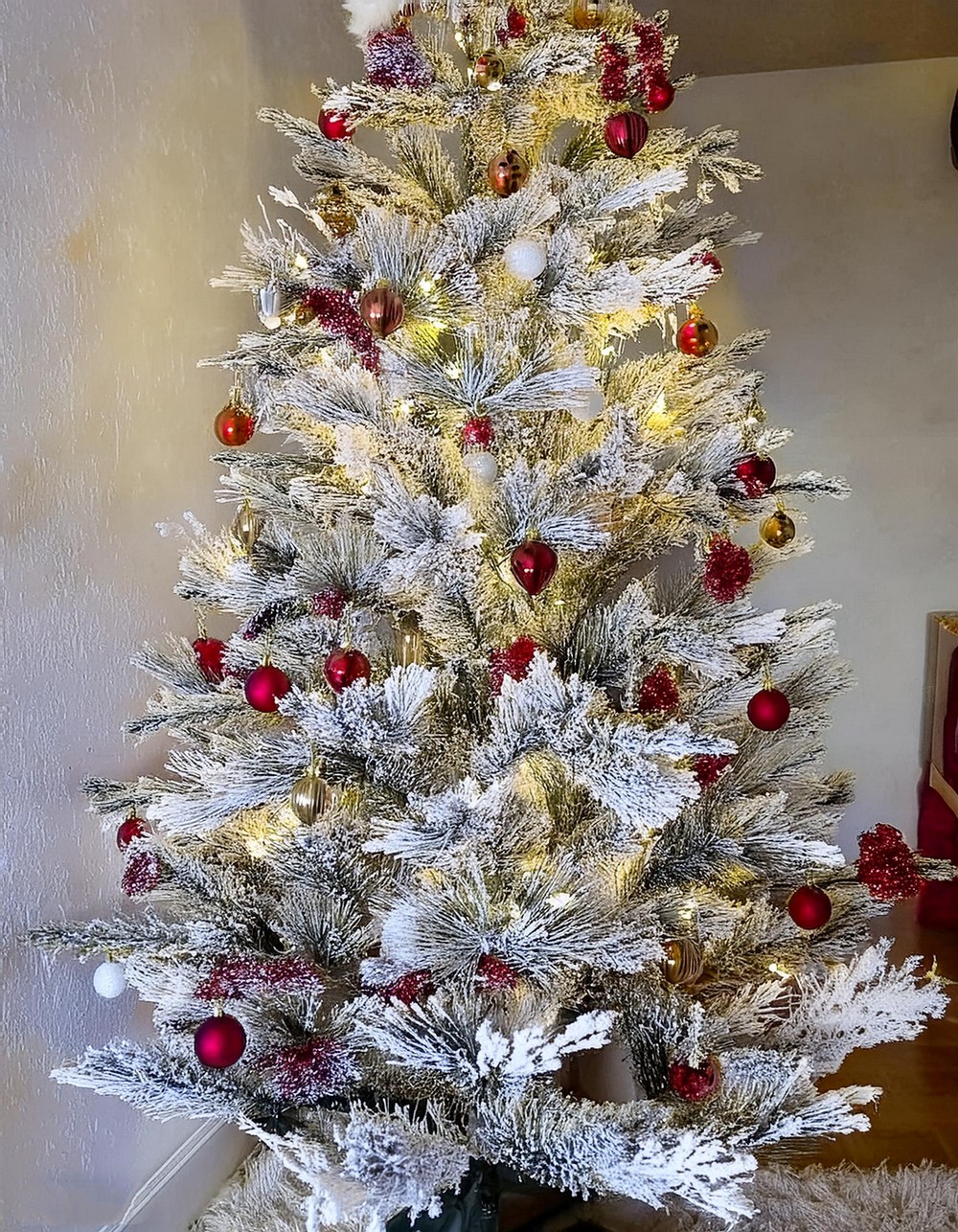 Flocked Christmas Tree With Red Ornaments