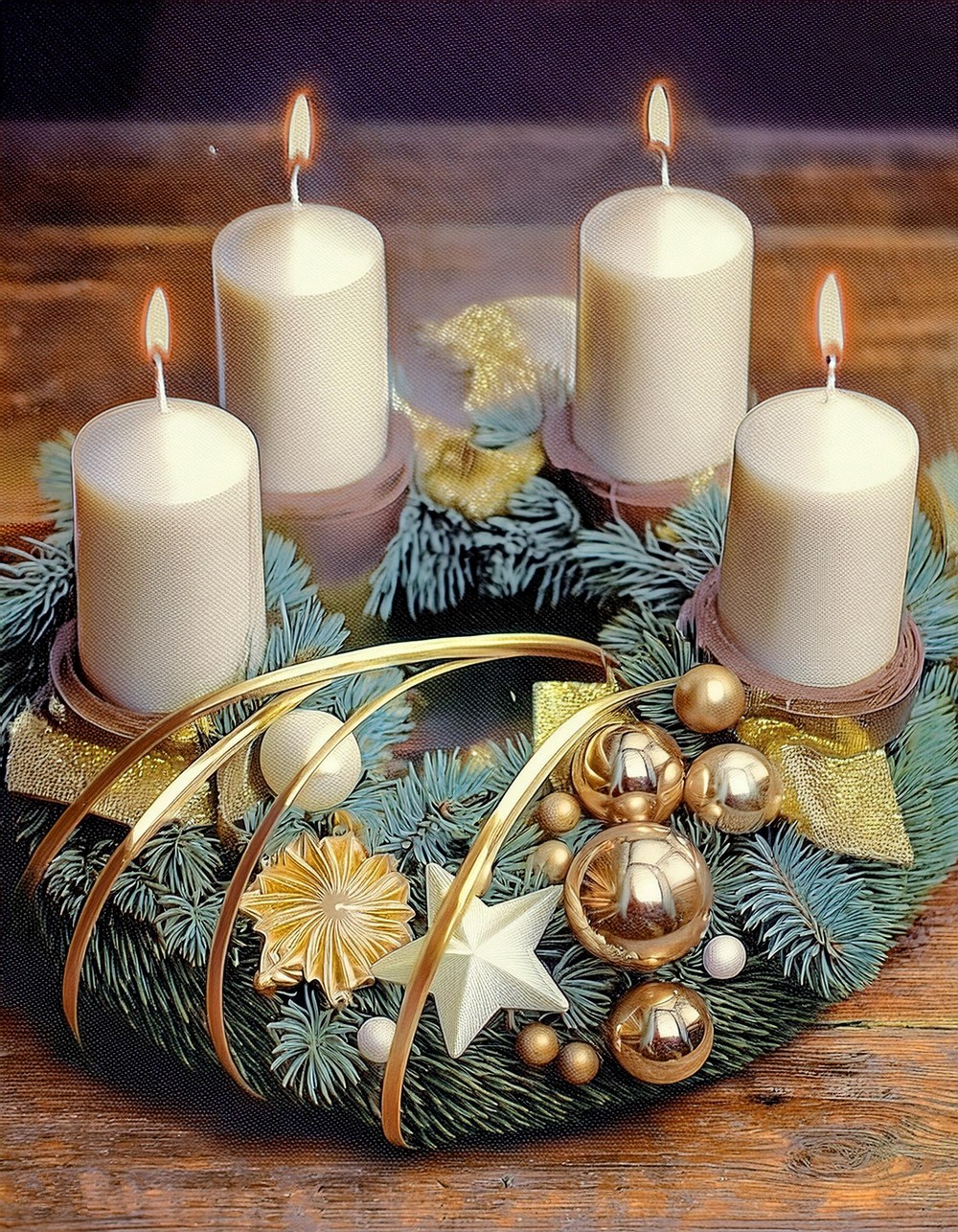 Illuminate Decor with Gold Ornaments Wreath and Candles 