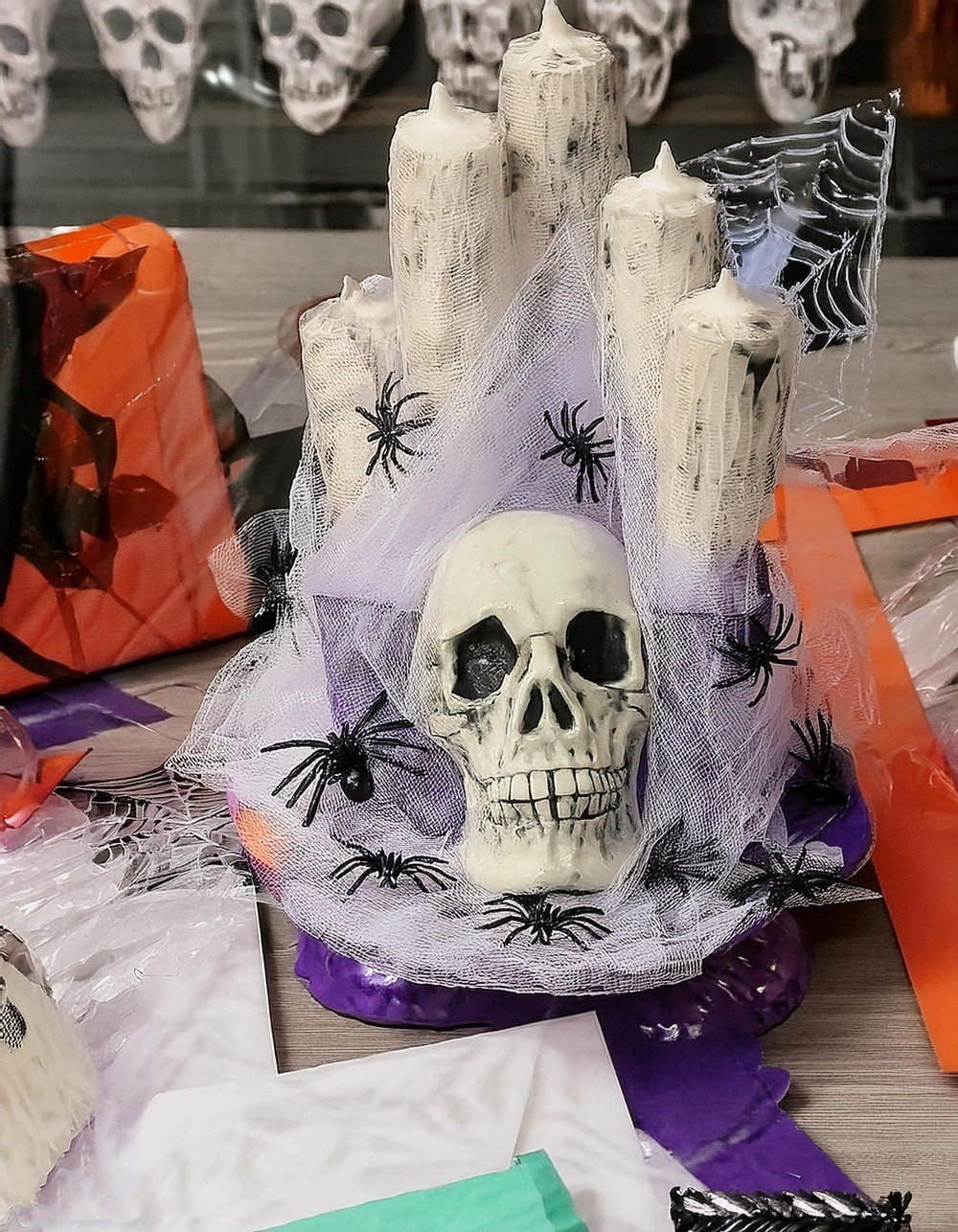 Noodle Centerpiece Wrapped With Faux Spider Net