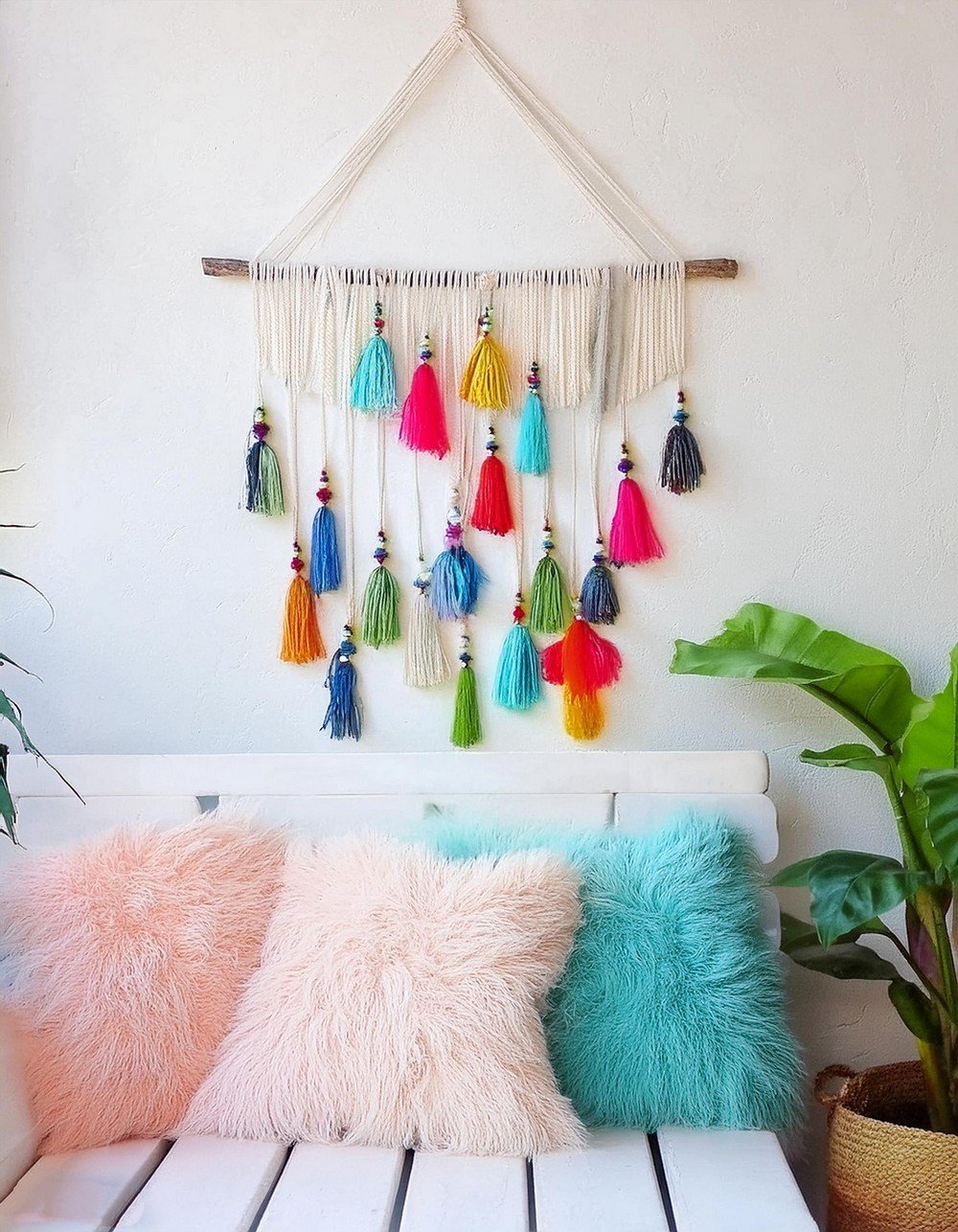 Colorful Tassel Twig and String Wall Hanging