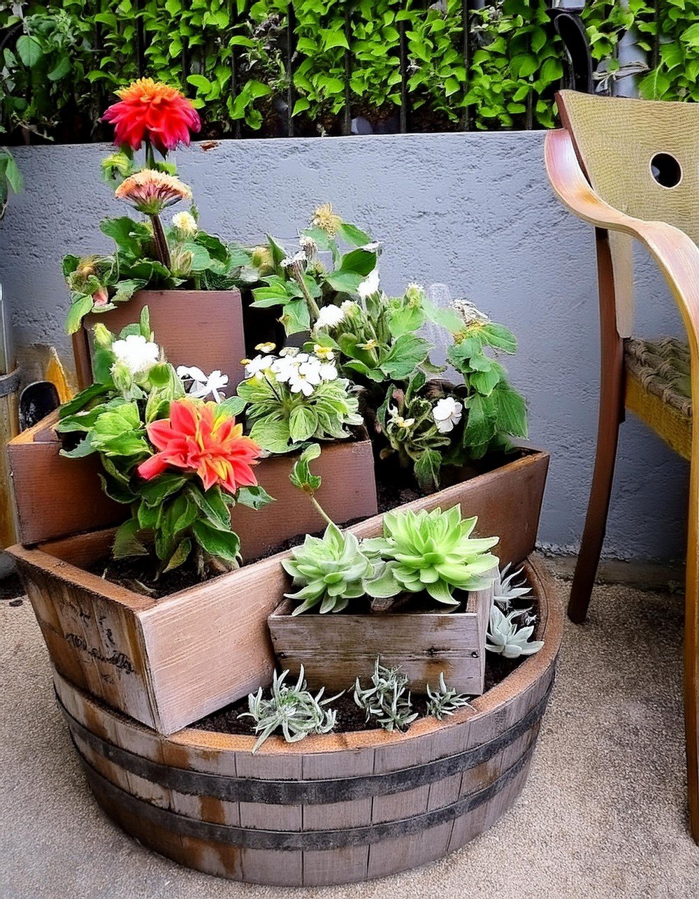 Large Wood Barrel Becomes Tiered Planter