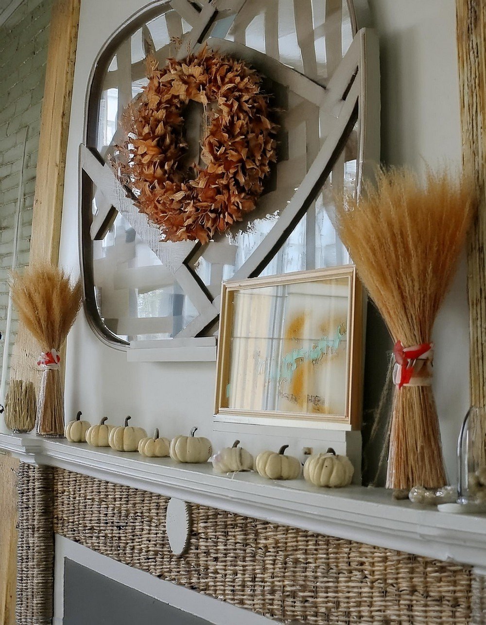 Mantel with a Rustic Fall Wreath and Wicker Backdrop