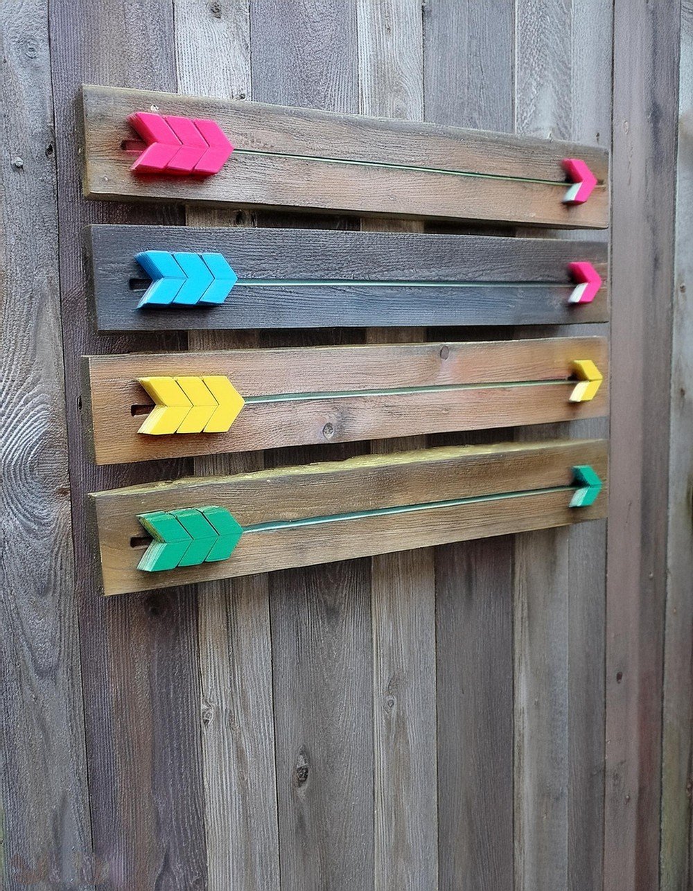 Reclaimed Wood Display With Colorful Arrows