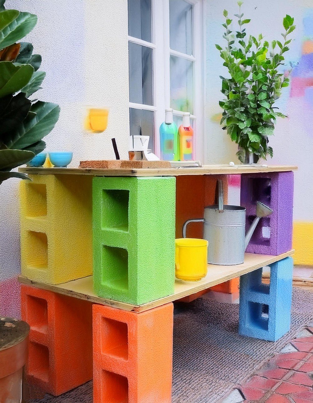 Table Built With Colorful Cinder Blocks