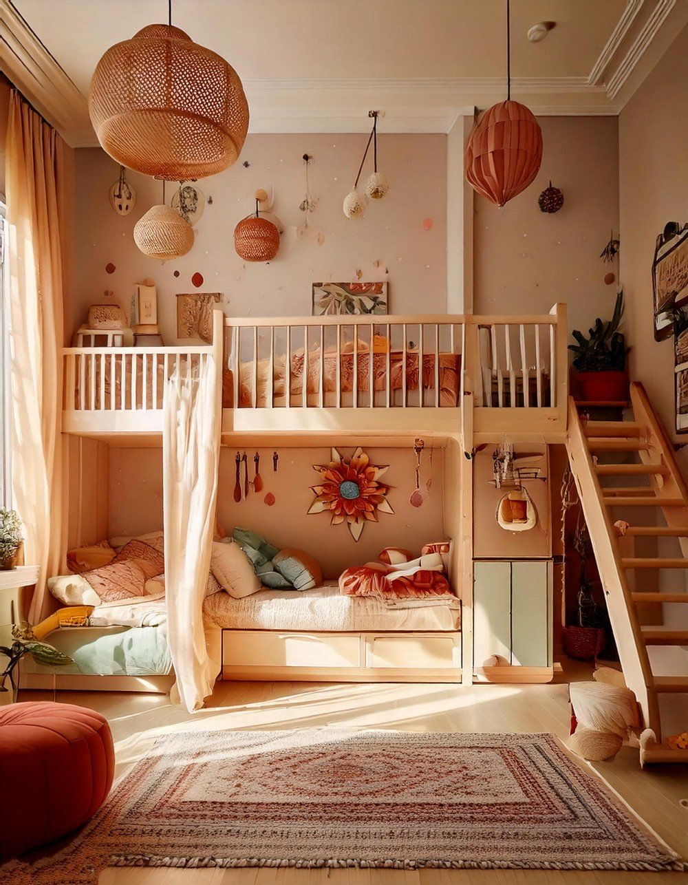 Adventure-Themed Bedroom with Lofted Bed and Play Area