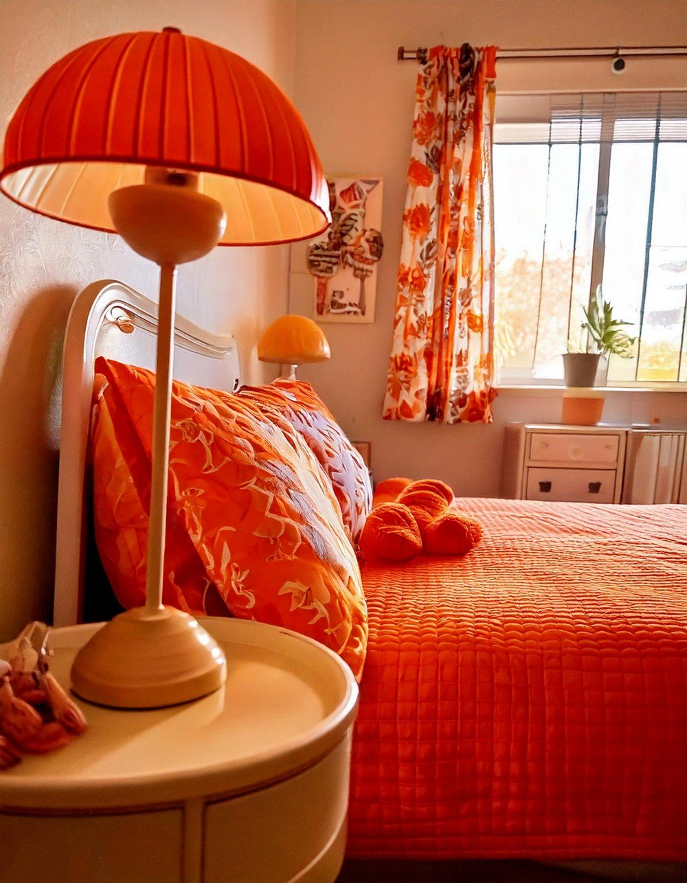 Bold Florals, Retro Orange Bedroom Decor