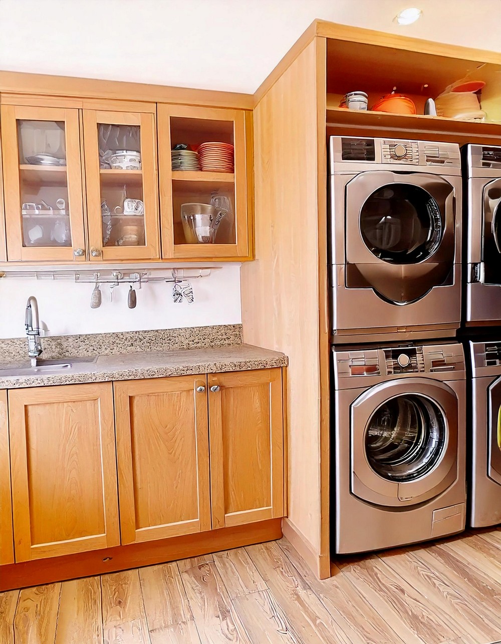 Chic Organization Utility Room with Open Shelves and Under Counter Cabinets