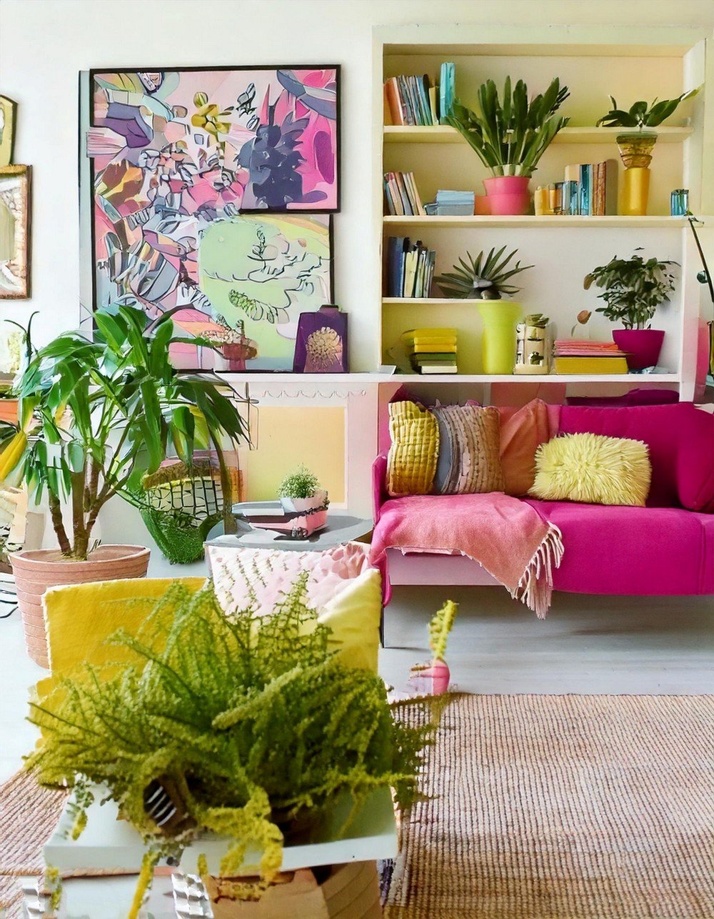 Colorful and Dynamic Living Room Wall Shelves