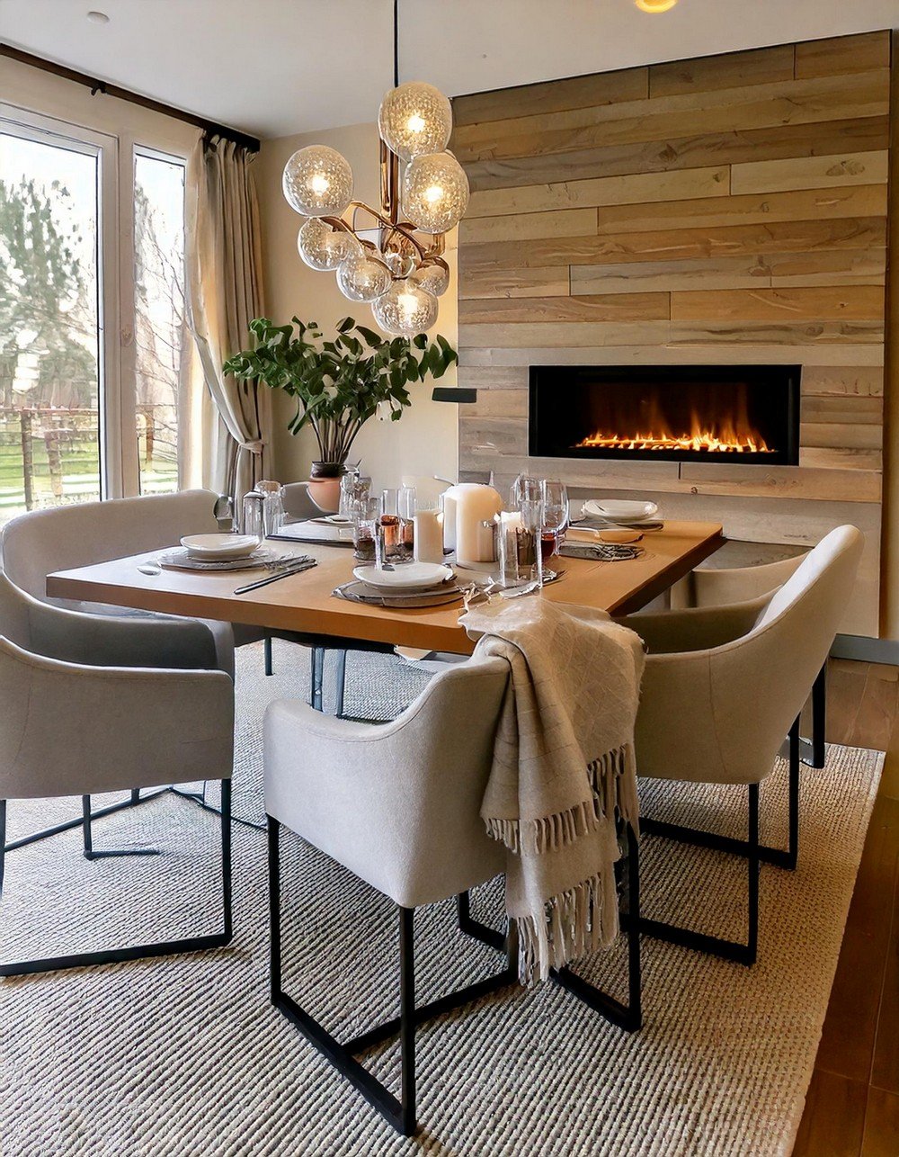 Cozy Contemporary Dining Room With A Linear Fireplace