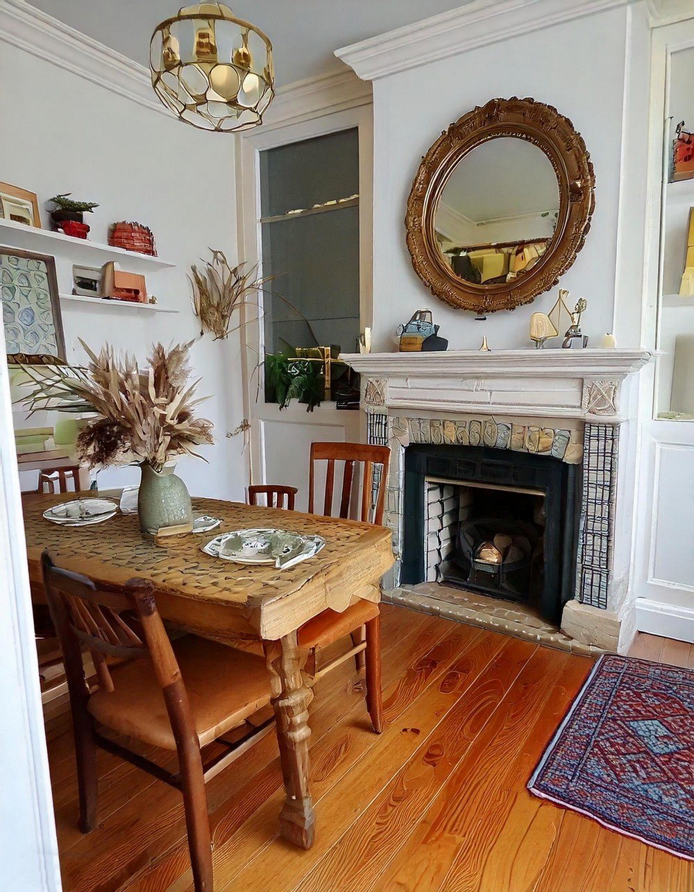 Cozy Eclectic Dining Room with a Tiled Fireplace