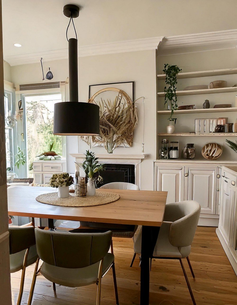 Cozy Modern Dining Room with a Black Fireplace