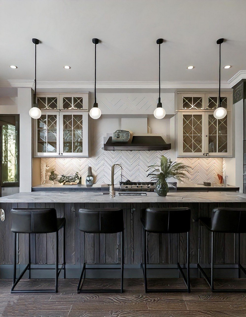 Dark Grey Island Bar Area With Black Bar Stools