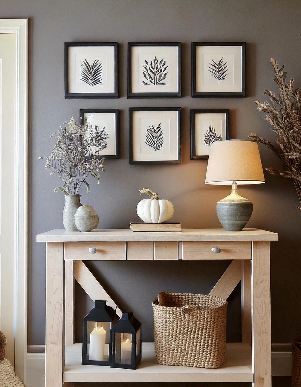 Decorate The Entry Table With a Basket, Vase, And Lamp