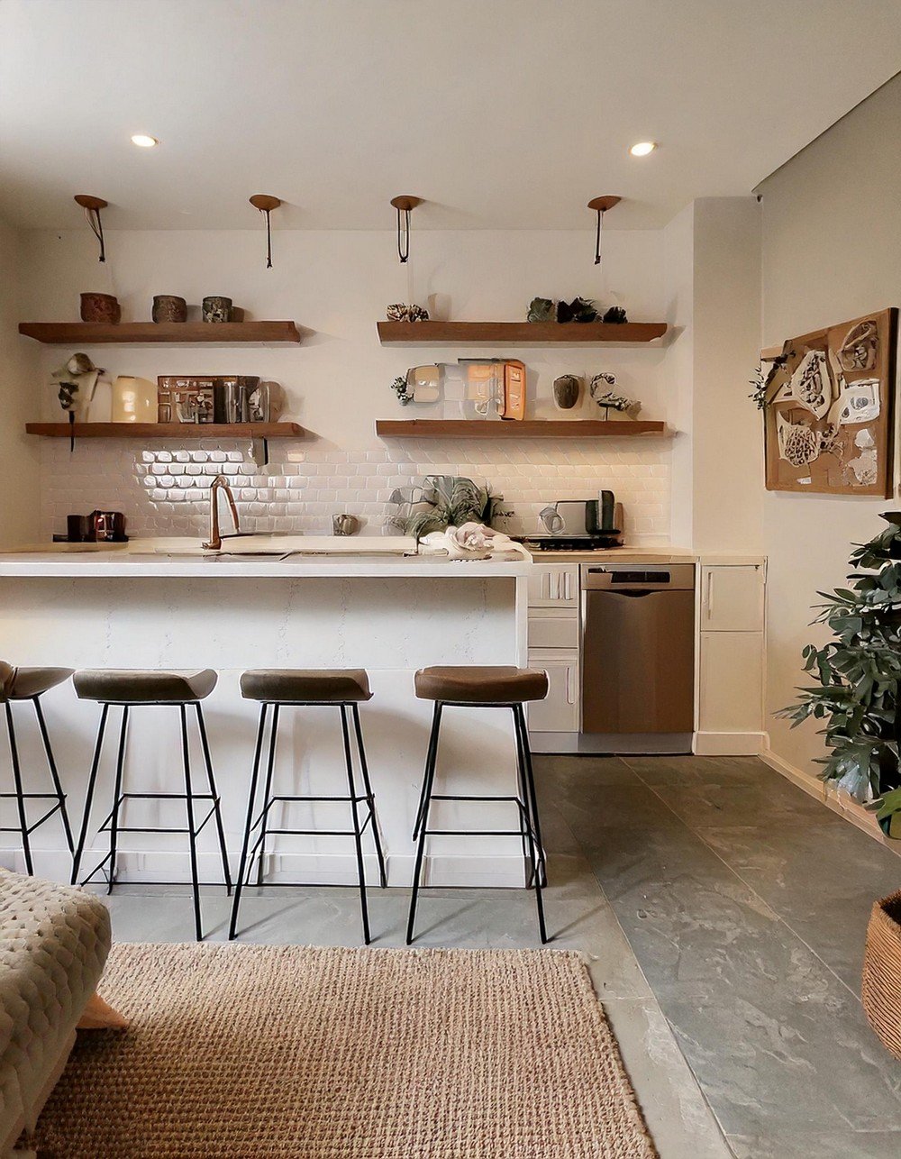 Minimalistic Basement Bar With Wooden Floating Shelves