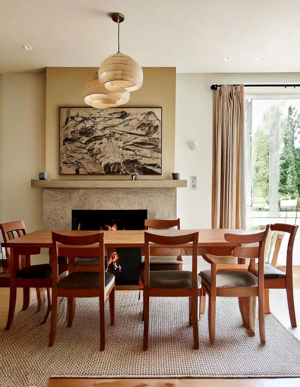 Modern Minimalist Dining Room with a Clean Fireplace