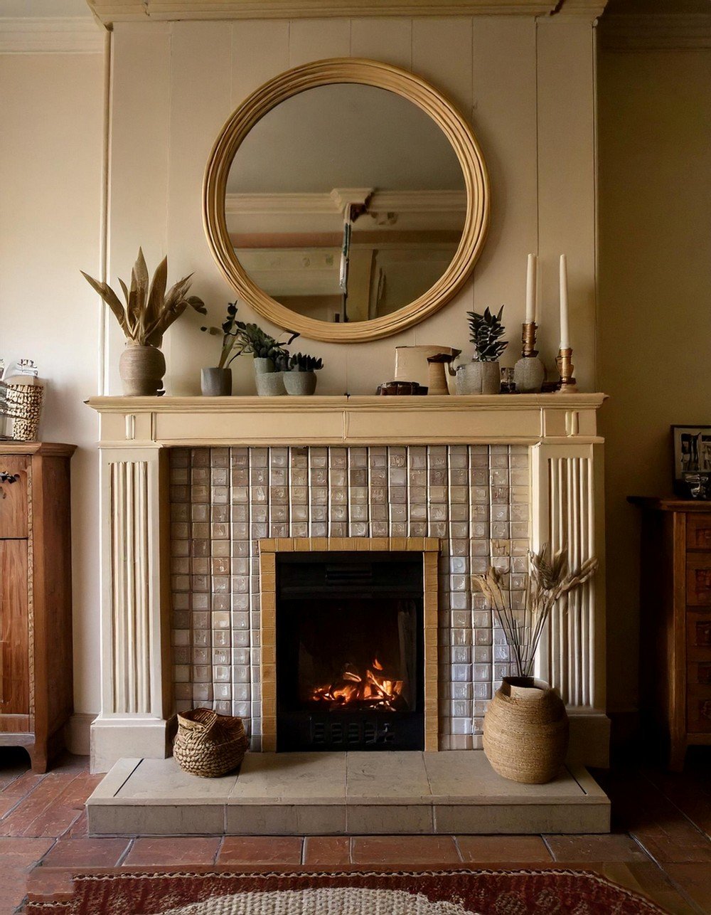 Neutral Tiled Fireplace With Earthy Accents