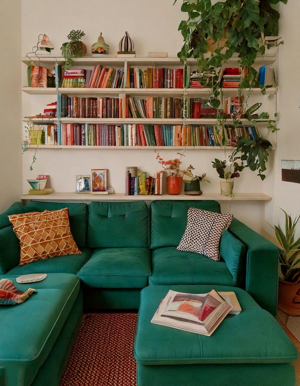 Organized and Lively Living Room Wall Shelves