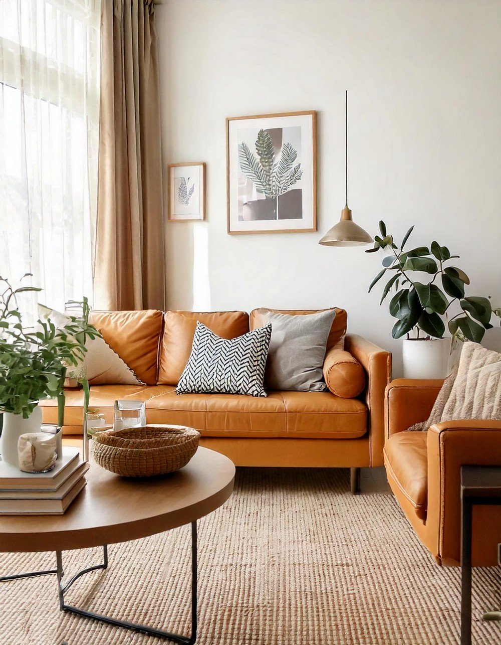 Scandinavian Serenity A Brown Leather Couch With Nature-inspired Accents