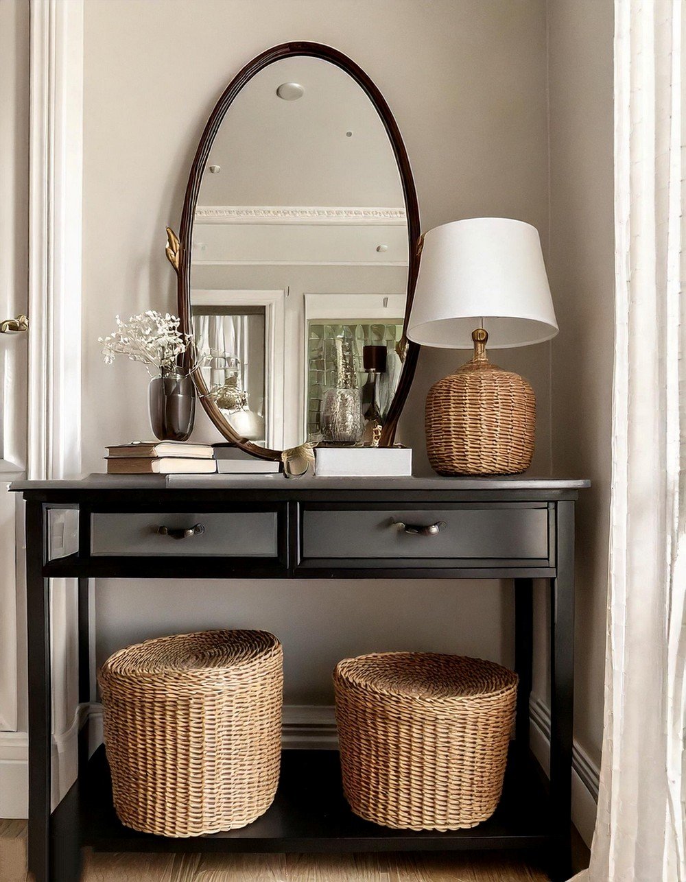 Sleek Black Table Decorated With Mirror And Lamp